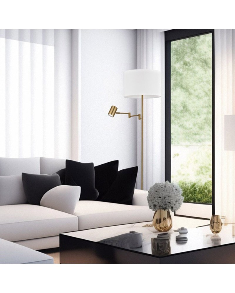 Lámpara de pie 147cm de metal y tela acabado latón y blanco con dos luces E27 y G10