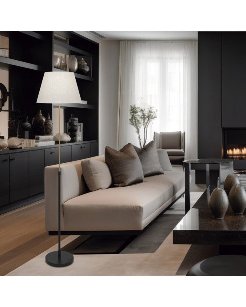 Floor lamp 153cm metal and fabric with black, brass and beige finish E27
