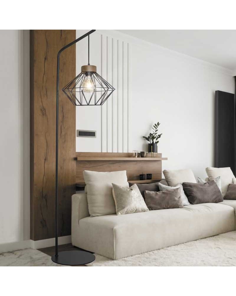 Lámpara de pie 149cm de metal acabado negro y roble E27