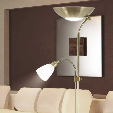 Floor lamp 180cm brass finish top light plate shape and reading point E14 + 2xE27