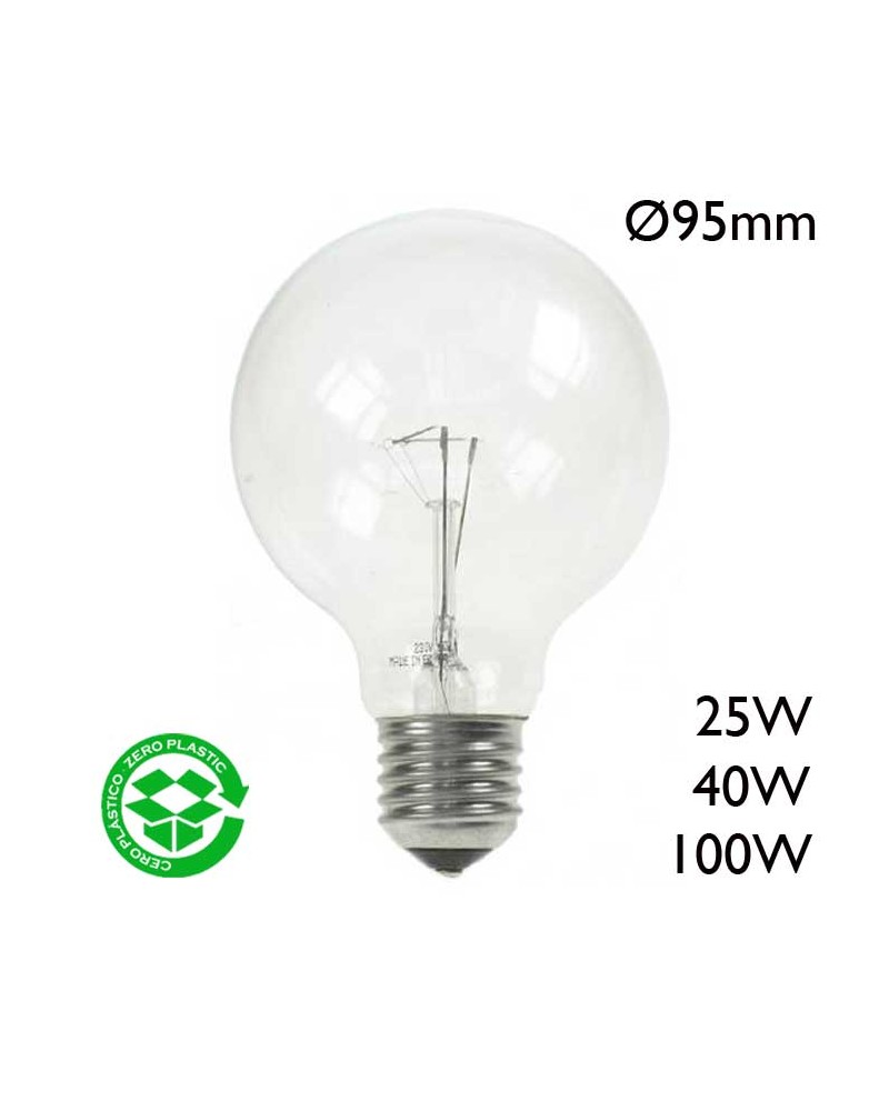 Incandescent globe light bulb 95mm clear E27 230V