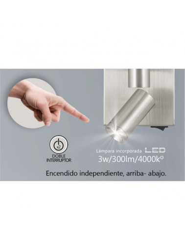 LED Wall lamp satin nickel finish with conical lampshade and oscillating spotlight E27 +  3W 4000K 300Lm