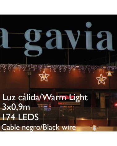 Cortina de LEDs  3x0,9m cable negro luz cálida efecto hielo, con 174 leds IP65 apta para exterior