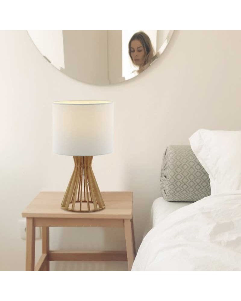 Lámpara de mesa 37cm en madera y tela acabado natural y blanco E27