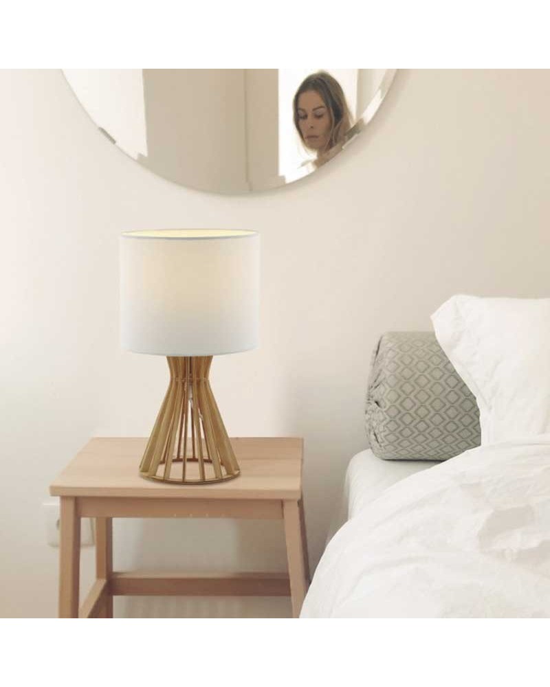Table lamp 37cm in wood and fabric with natural and white finish E27
