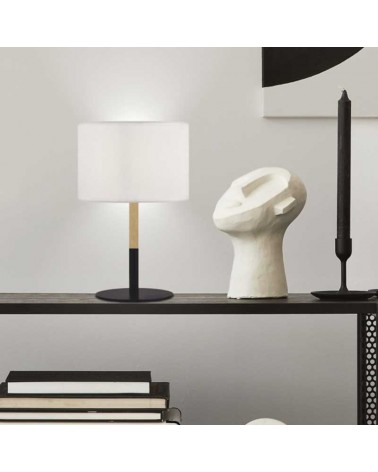 Lámpara de mesa 36cm de metal, madera y tela acabado blanco, negro y natural E27