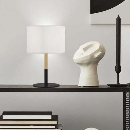 Lámpara de mesa 36cm de metal, madera y tela acabado blanco, negro y natural E27