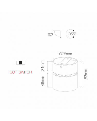 Cubic cylinder spotlight for wall and ceiling mini 7.5cm black LED 7W Aluminum tilting 90º CCT Switch 2700K/3000K/4000K