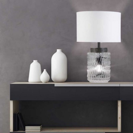 Lámpara de mesa 49cm de cristal, metal y tela acabado blanco y negro 2xE27