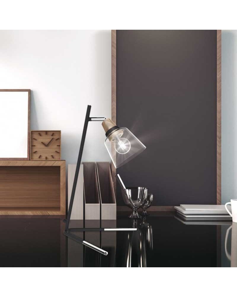 Lámpara de mesa 35cm de metal, cristal y madera acabado negro y roble E14