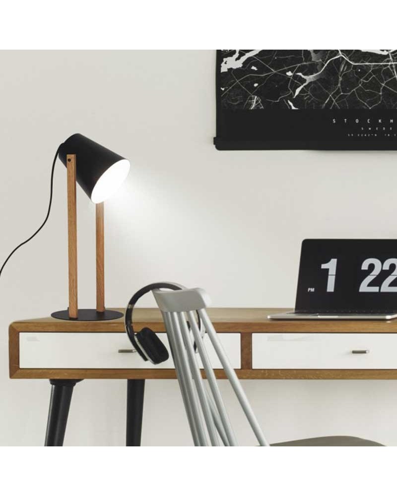 Table lamp 44cm metal and wood in black and oak finish E27