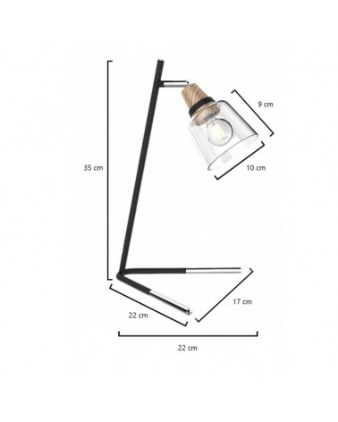 Lámpara de mesa 35cm de metal, cristal y madera acabado negro y roble E14