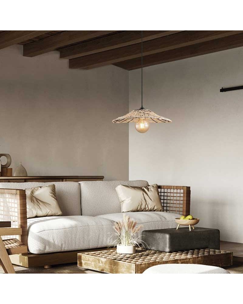 Ceiling lamp 40cm metal and rattan with black and natural finish E27