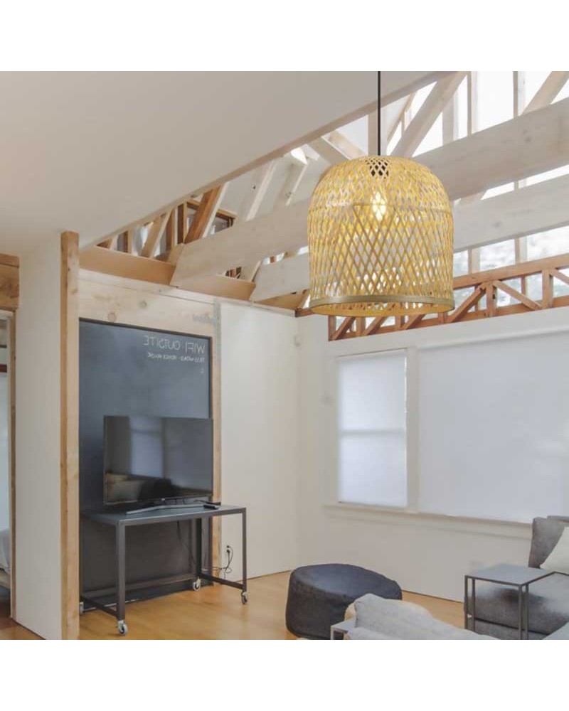 Ceiling lamp 30cm metal and wicker with black and natural finish E27