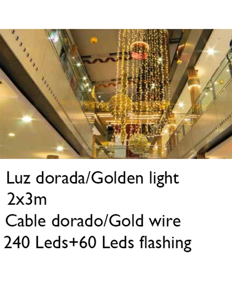 Cortina de LEDs dorados 2x3m cable dorado empalmable con 300 leds flashing