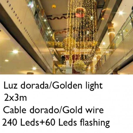 Cortina de LEDs dorados 2x3m cable dorado empalmable con 300 leds flashing