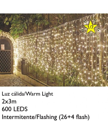 LED Curtain 2x3m 600 warm white LEDs Flashing, clear capsule, splicable and suitable for IP65 outdoors. White wire.