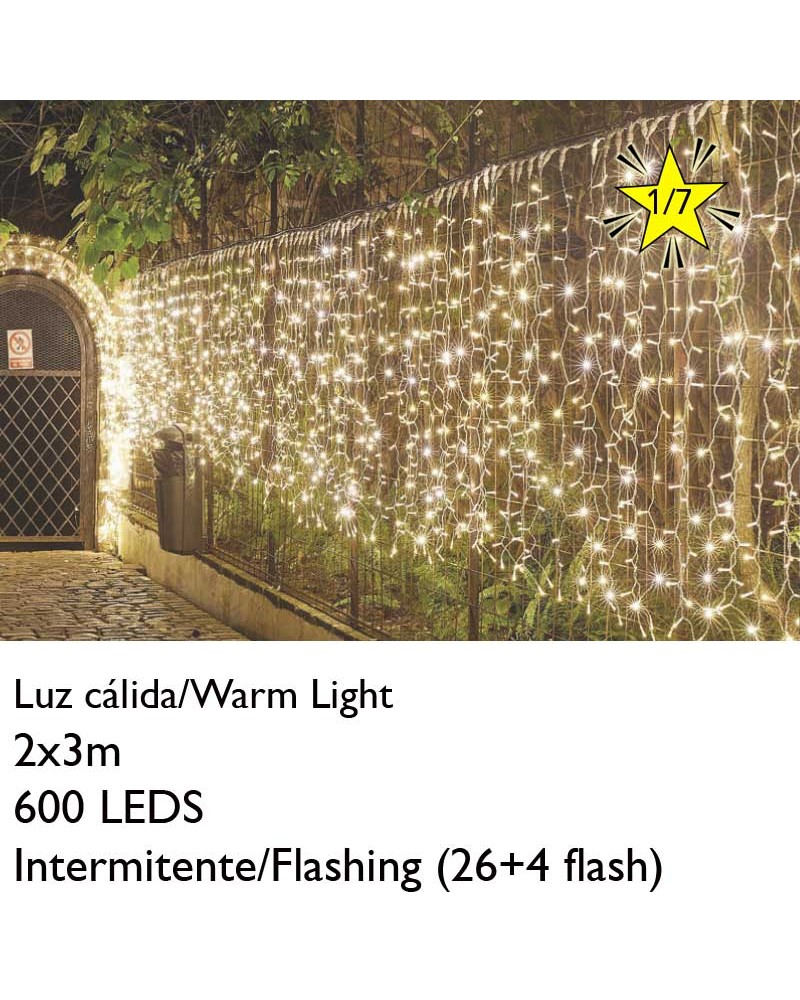 LED Curtain 2x3m 600 warm white LEDs Flashing, clear capsule, splicable and suitable for IP65 outdoors. White wire.