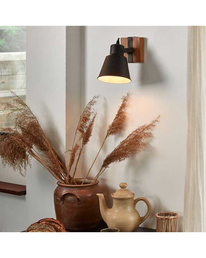 Wall light 18cm in matte black finish metal and dark finish wood swing E27