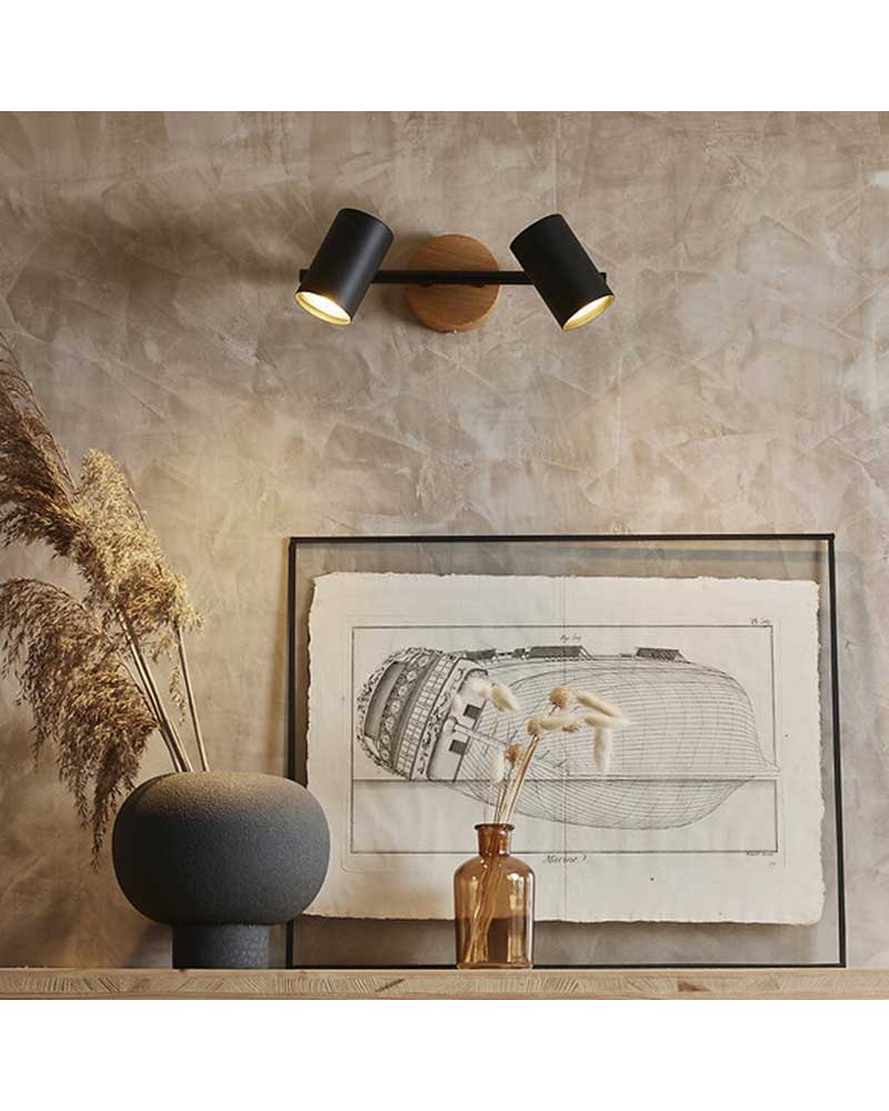 Regleta 2 focos 28cm de metal acabado negro mate y roble oscilantes G10