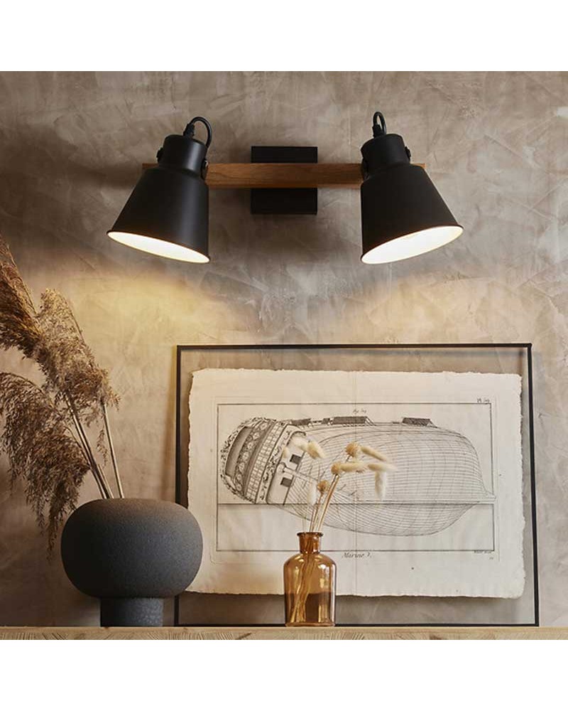 Power strip 2-bulb 42cm in matte black finish metal and dark finish wood swinging E27