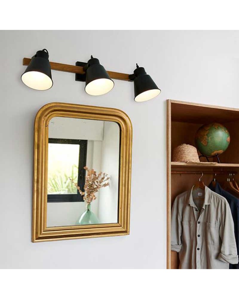 Regleta 3 focos 69cm de metal acabado negro mate y madera acabado oscuro oscilante E27