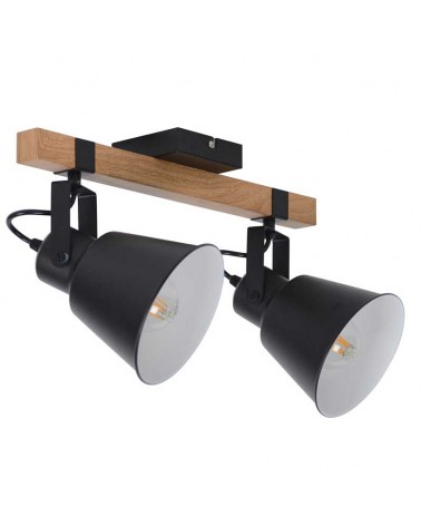 Power strip 2-bulb 42cm in matte black finish metal and dark finish wood swinging E27