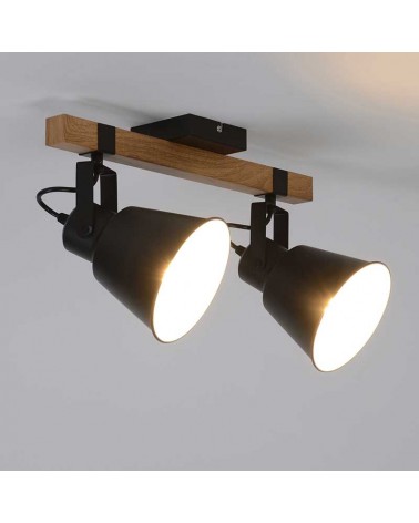 Power strip 2-bulb 42cm in matte black finish metal and dark finish wood swinging E27