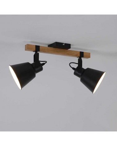 Power strip 2-bulb 42cm in matte black finish metal and dark finish wood swinging E27