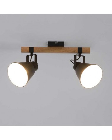 Power strip 2-bulb 42cm in matte black finish metal and dark finish wood swinging E27