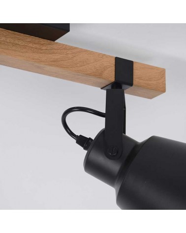 Power strip 2-bulb 42cm in matte black finish metal and dark finish wood swinging E27