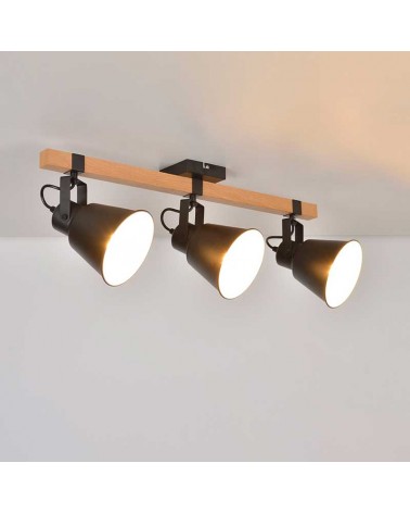 Regleta 3 focos 69cm de metal acabado negro mate y madera acabado oscuro oscilante E27
