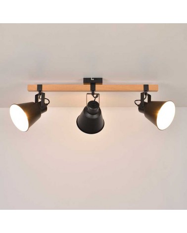 Regleta 3 focos 69cm de metal acabado negro mate y madera acabado oscuro oscilante E27
