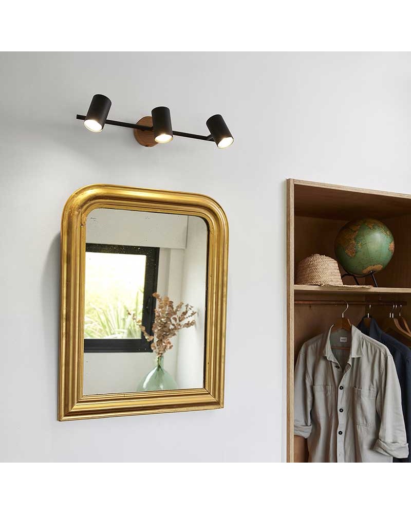 Power strip 3-bulb 47cm in matte black and oak finish metal G10 oscillating