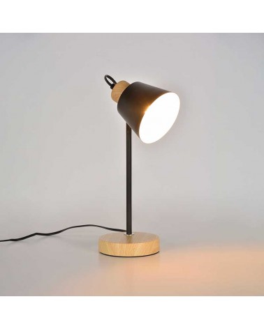Lámpara de mesa 37cm de metal negro y detalles efecto madera E14