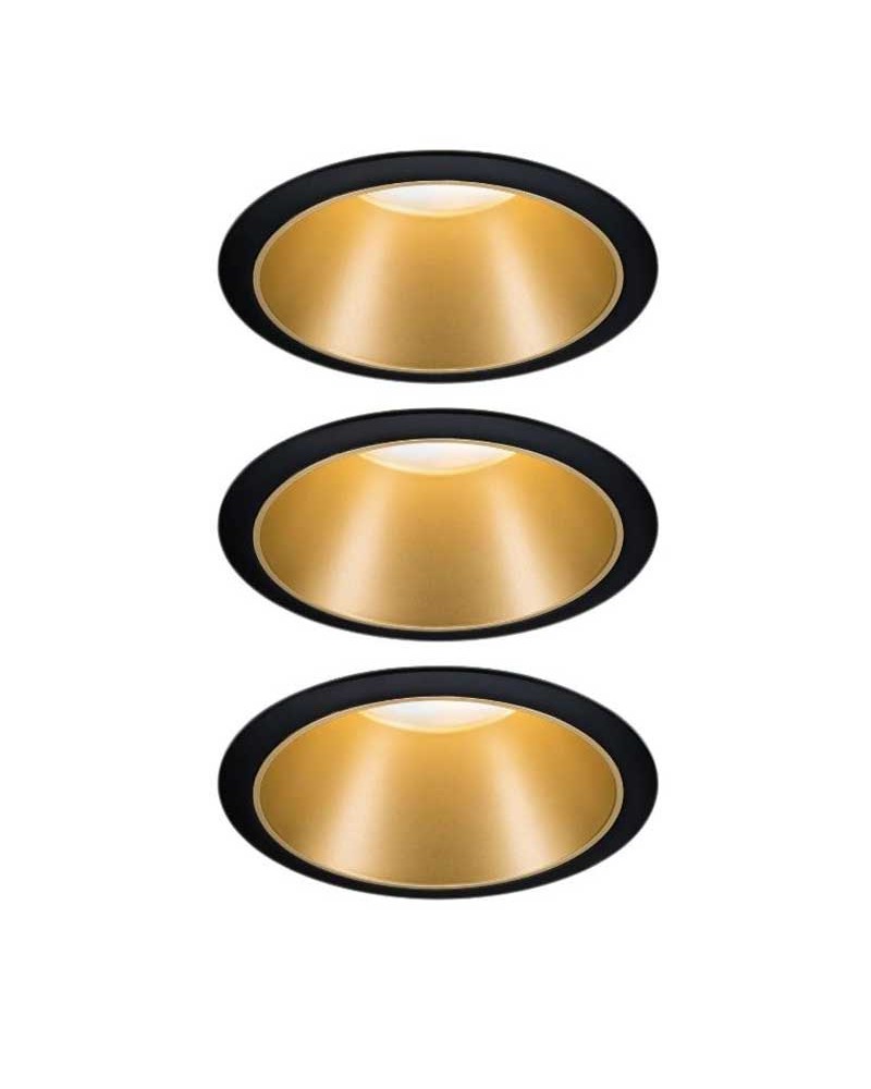 Set of 3 round black and gold aluminum LED recessed lights 6W 2700K Dimmable