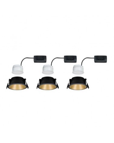 Set of 3 round black and gold aluminum LED recessed lights 6W 2700K Dimmable