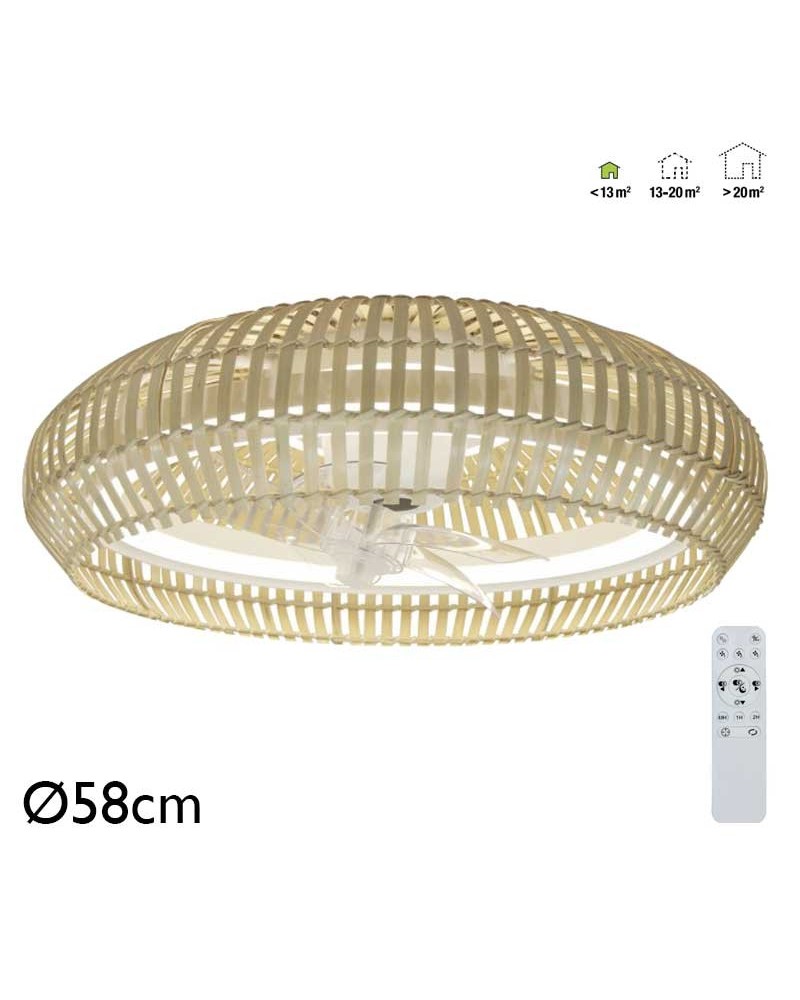 Ventilador de techo metal y bambú 20W Ø58cm luz CCT LED 30W control remoto REGULABLE temperatura luz