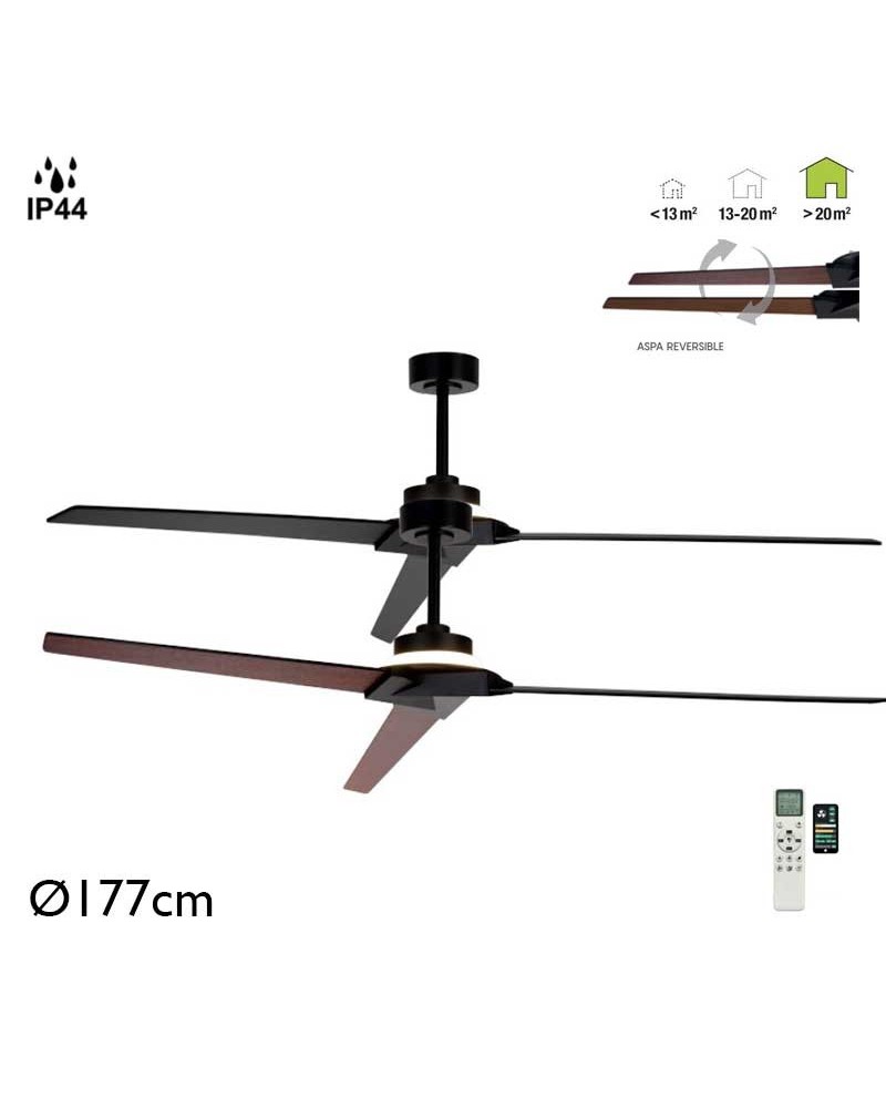Outdoor ceiling fan 40W Ø177cm LED light 20W remote control DIMMABLE light temperature IP44