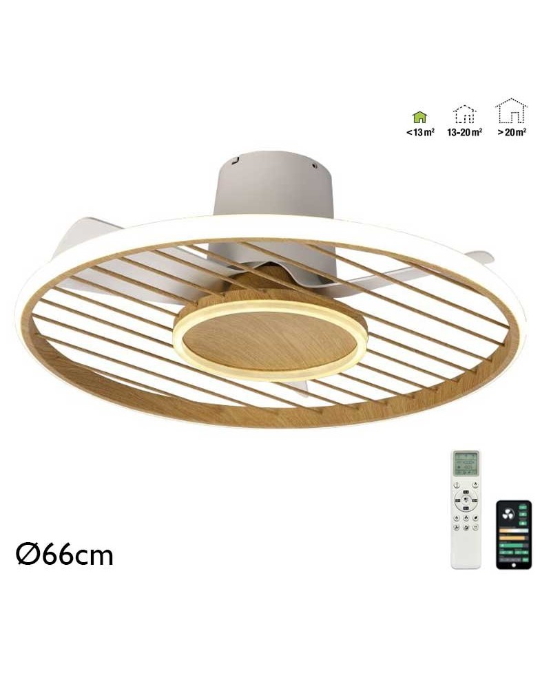 Ventilador de techo inteligente 25W Ø66cm con luz LED 45W control remoto REGULABLE temperatura luz