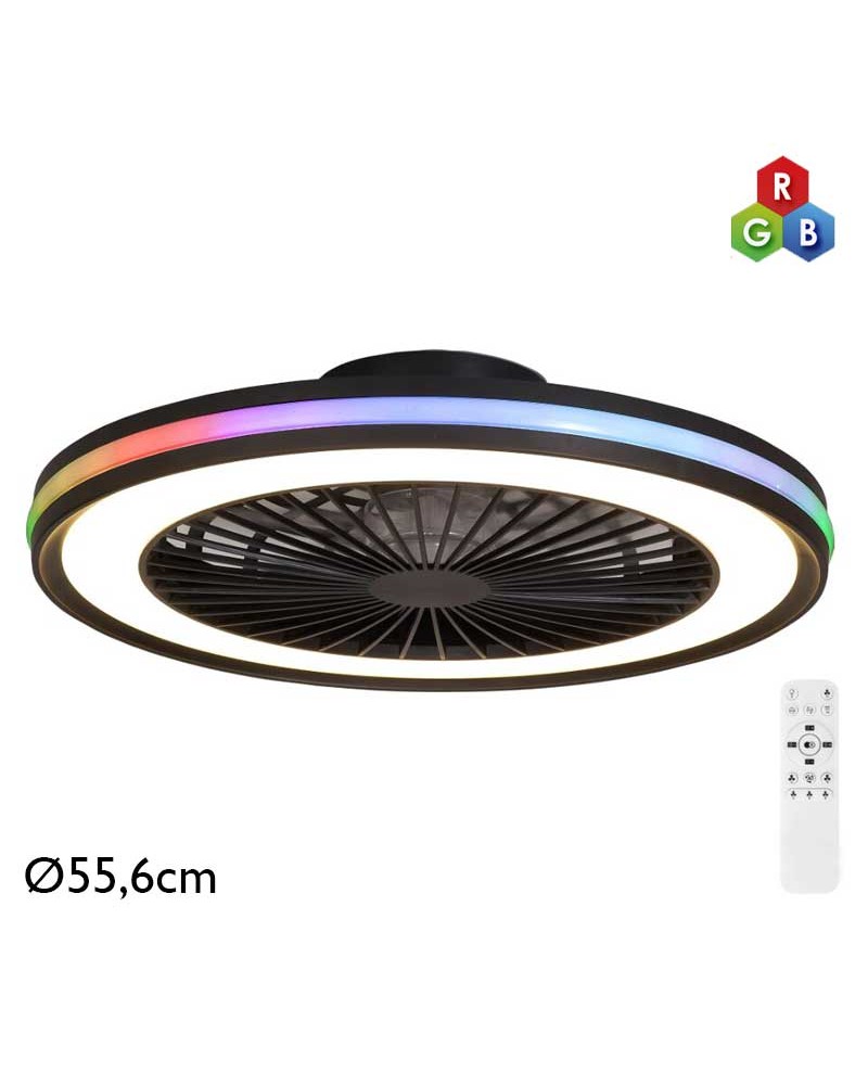 Ventilador de techo 26W Ø55,6cm con luz LED 60W CCT y RGB control remoto REGULABLE temperatura luz