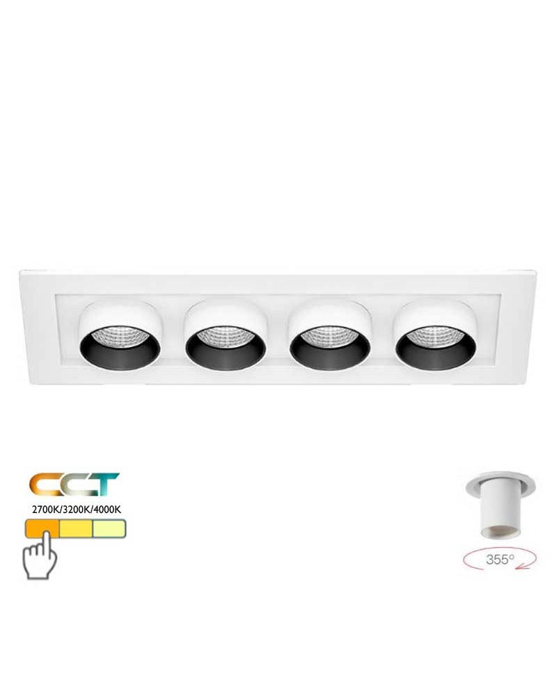 Quadruple recessed downlight convertible into a 24W 355° CCT SWITCH oscillating LED projector
