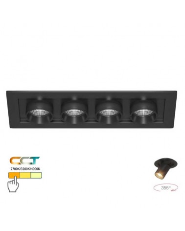 Quadruple recessed downlight convertible into a 24W 355° CCT SWITCH oscillating LED projector