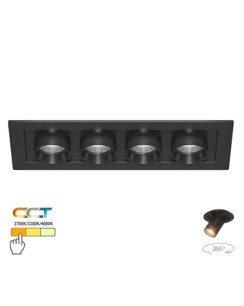 Quadruple recessed downlight convertible into a 24W 355° CCT SWITCH oscillating LED projector