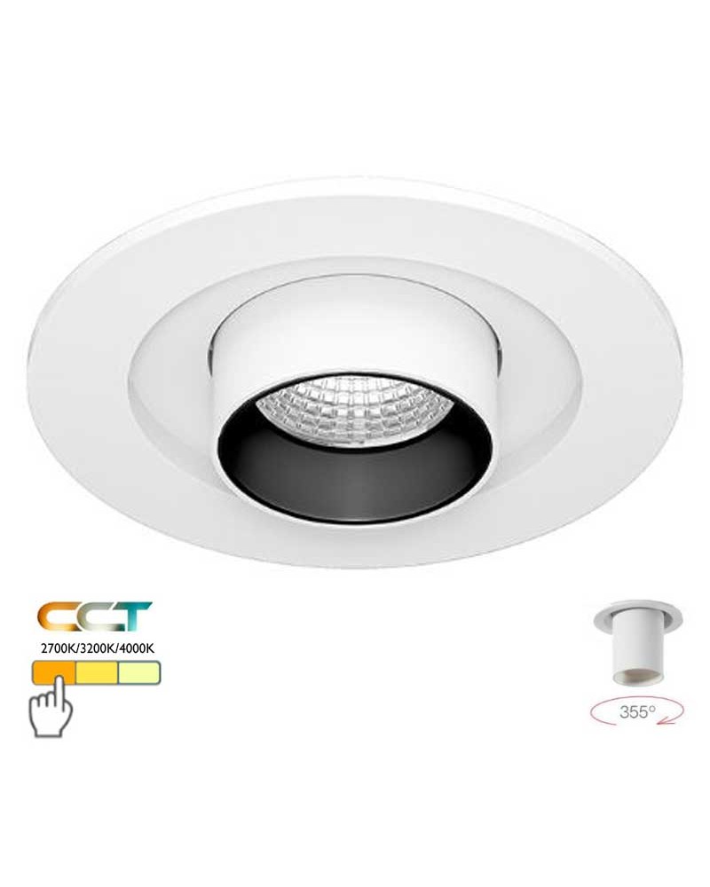 Round recessed downlight convertible into a 6W 355° oscillating LED projector CCT SWITCH