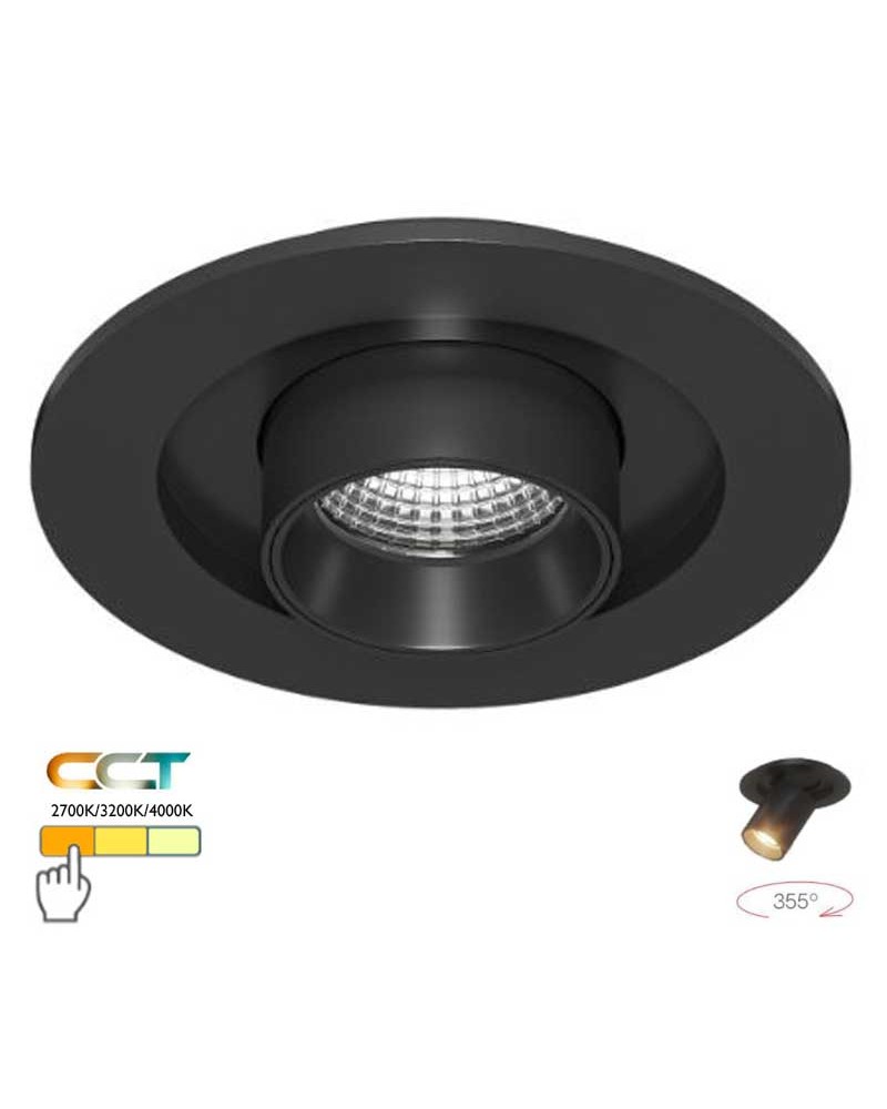 Round recessed downlight convertible into a 6W 355° oscillating LED projector CCT SWITCH