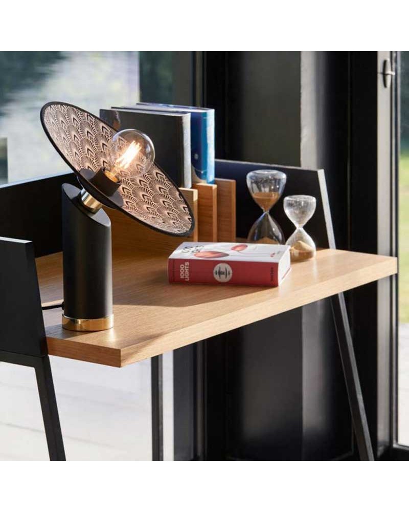 Table lamp 37cm round black metal and brass base E27