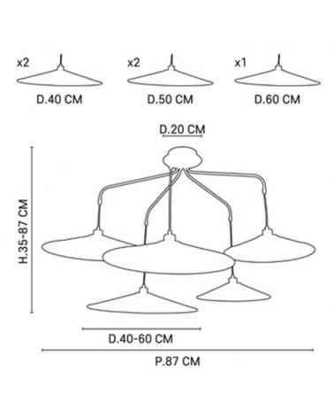 Ceiling lamp with 5 black metal velvet lampshades E27