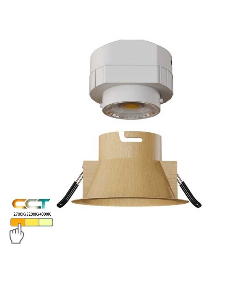Downlight 8W LED 9cm round recessed wood finish CCT SWITCH IP44