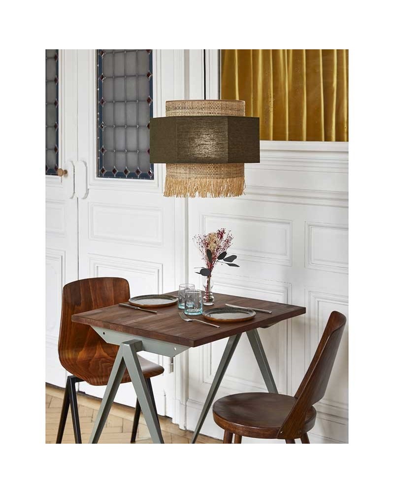 Ceiling lamp 38cm 2 linen and frayed raffia lampshades E27